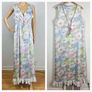 Vtg 70s Stella Fagin Satin Nightgown Adjustable Deep V Maxi Dress Floral Pastel
